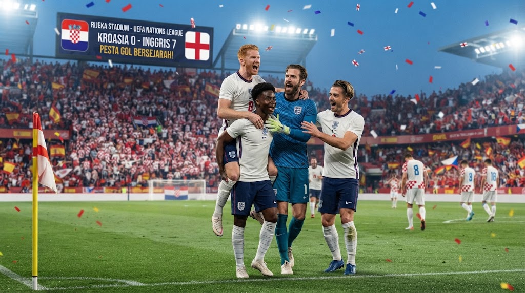 Pesta Gol Bersejarah di Rijeka! Inggris Hancurkan Kroasia 7-0 Tanpa Balas